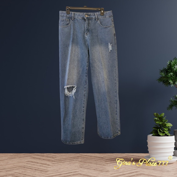 New Womens Y2K High Waisted Ripped Wide Leg Boot Cut Jeans Medium Wash Sz: Large - Picture 4 of 12